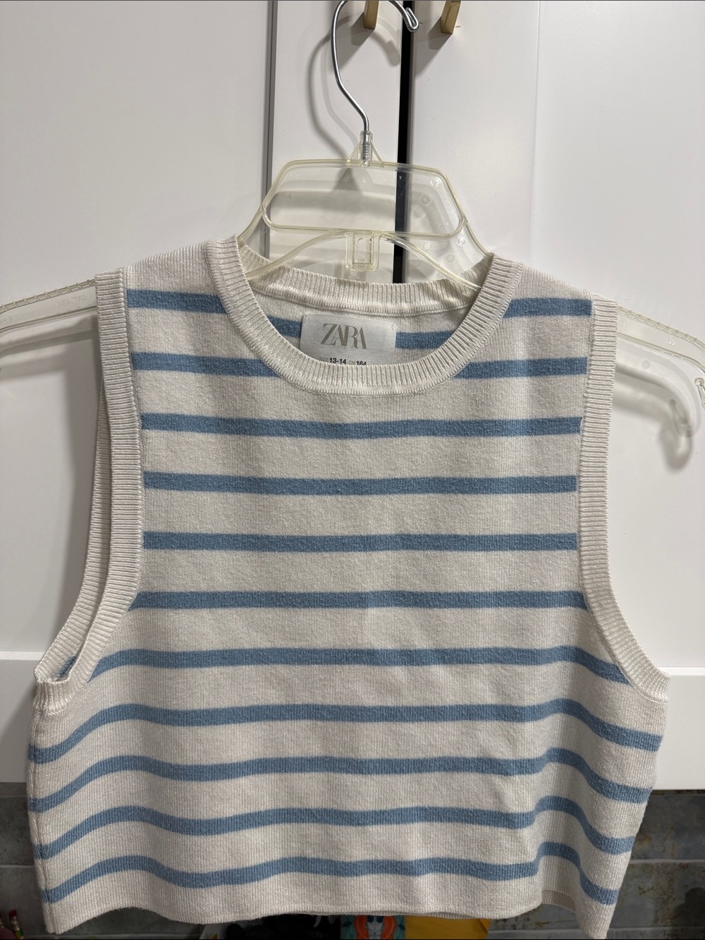 Zara White and Light Blue Striped Cropped Knit Tank